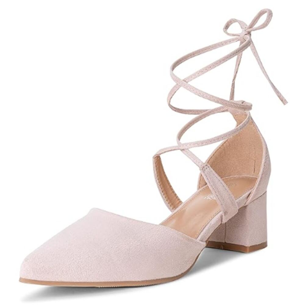 NEW Heel The World Women's Nude Pointed Toe Lace Up Low Block Heels Size 11 - Picture 1 of 11